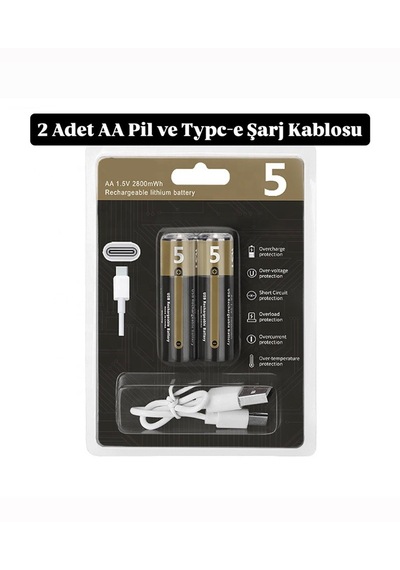 Kalın Pil Kalem Pil Usb Type-c Kablo İle Şarj Edilebilir Lityum 2'li Kalem Pil 1.5v Aa / 3200 Mwh