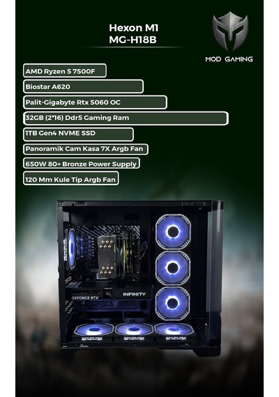 Mod Gaming Hexon MG-H18B R5-7500F 32 GB 1 TB SSD RTX5060 Free Dos Masaüstü Oyuncu Bilgisayarı