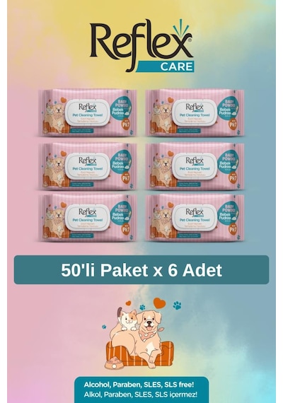 Reflex Care Evcil Hayvanlar İçin Çok Amaçlı Hijyenik Temizleme Mendili 50'li X 6 Adet
