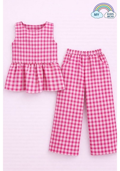 My Kids Wear Kız Çocuk Pötikareli Peplum Bluz Ve Pantolon Takımı 12691 Fuşya