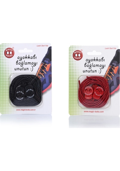 Magic Locks Yuvarlak Akıllı Ayakkabı Bağcık 2'li Set Siyah-Kırmızı