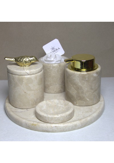 5 Parça %100 Doğal Mermer Farklı Kulp Seçenekleri İle Lüks Banyo Seti Bej
