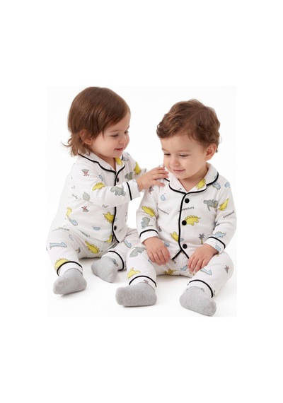 Bebegen Unisex Ekru Renkli Dinazor Desenli Kruvaze Yaka Pijama Takımı Çok Renkli