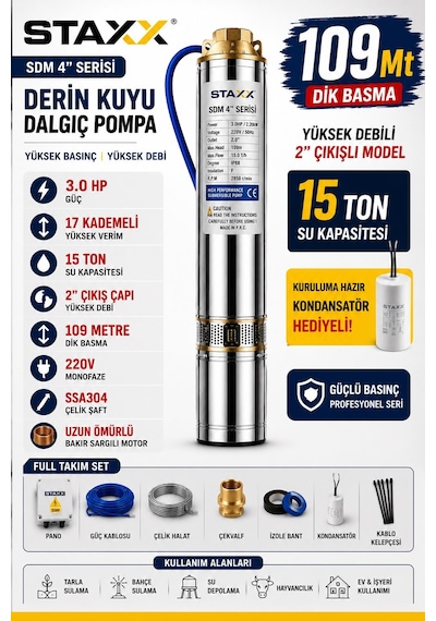Staxx 4sdm8/17 3hp Derin Kuyu Dalgıç Pompa Seti 109 Metre Dik Basma 15 Ton Su Kapasiteli 2'' 220v