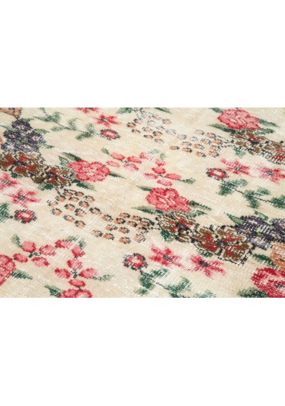 Bespoky W.wash Kırma Krem Çiçekli Vintage Salon Halısı El Dokuma Bej