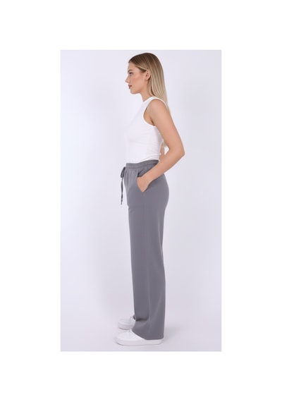 Myrab Denim Kadın Mavi Baggy Keten Pantolon Lastikli Bel Bağcıklı Rahat Geniş Paça Yazlık Pantolon Gri