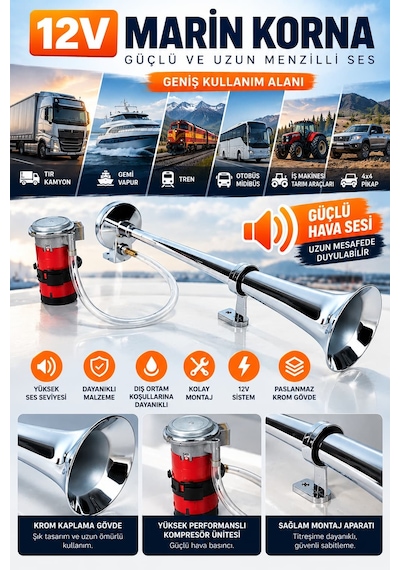 Marin Tip Korna 12v Tır Kamyon Gemi Vapur Tren Havalı Korna Kompresörlü