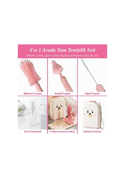 Valkyrie Ayıcık Seyahat Biberon Emzik Pipet Temizleme Seti Silikon Fırça Kurutma Standı Taşıma Kutusu Pembe