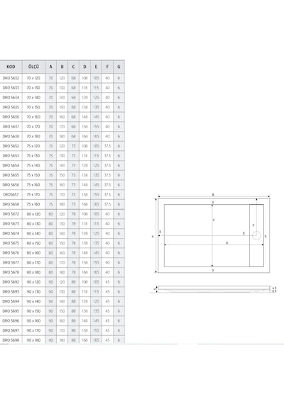 Shower 70x120 Drop Dikdörtgen Flat Duş Teknesi H:5 Cm