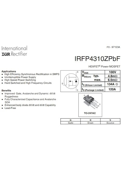 Irfp4310zpbf 100v, 134a, 4.8mohm Power Mosfet