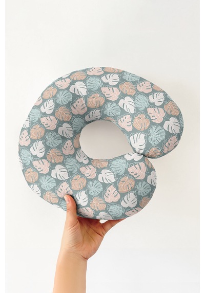 Monstera Yaprak Desenli Pamuklu Boyun Yastığı - Pastel Yeşil Bej Yumuşak Seyahat Yastığı Canlı Adaçayı Koyu Yeşil