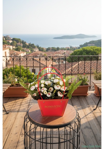 Yapay Çiçek Sitesi Yapay Çiçekli Romantic Çantalı Aranjman Model 16 Beyaz