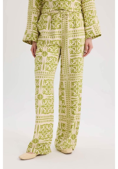 DeFacto Wide Leg Desenli Esnek Belli Keten Karışımlı Geniş Paça Pantolon D8188AX25SPGN698