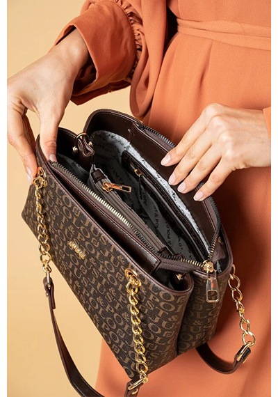 Just Polo Kadın Baskılı Uzun Ayarlanabilir Askılı Şık El Ve Omuz Çantası Shoulder Bag Kahverengi