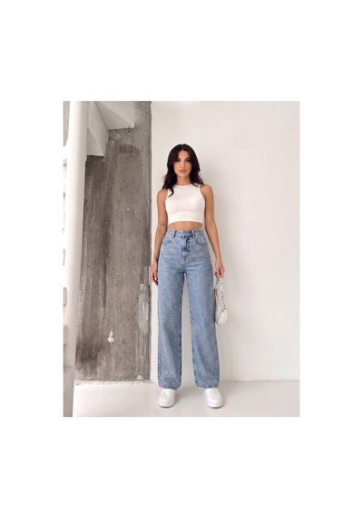 Kene Jeans Ön Taşlı Buz Kar Denim Wide Leg/bol Paça Pantolon Buz Kar