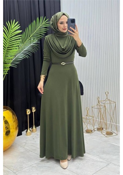 Neşeli Butik Kadın Haki Sandy Kumaş Degaje Yaka Kemer Detaylı Tesettür Elbise---- Nms096