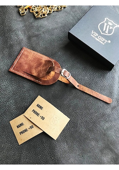 Vip Gift Voyager Bagaj Isimlik Valiz Bavul Etiketi Hakiki Deri Açık Kahverengi