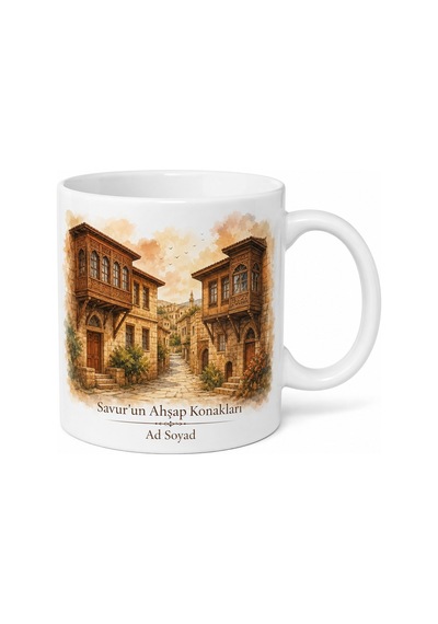 Savur'un Ahşap Konakları Mardin Hatırası Çay Kupası Hediye Bardak Beyaz / Çok Renkli