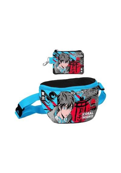 Coral High Erkek Çocuk Siyah Mavi Anime Desenli Bel Çantası Ve Bozuk Para Cüzdanı Set Çok Renkli