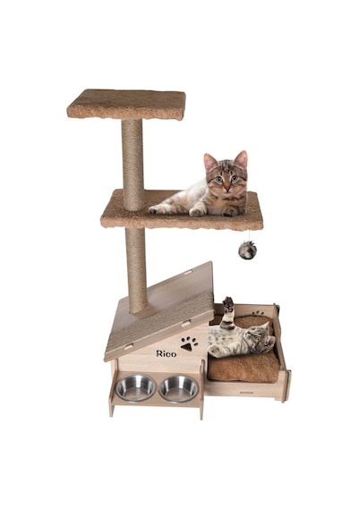 Çok Amaçlı Katlı Kedi Evi-isim Baskılı-ahşap Mdf-tırmalama Çubuklu-kahverengi-çelik Kase-2 350