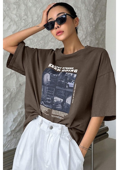 Unisex Keepgoing Baskılı Tasarım Tshirt Kahverengi