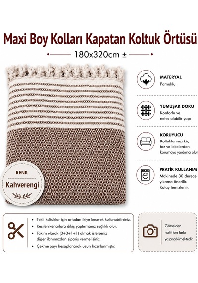 Pamuklu Kaymaz Hasır Dokuma Maxi Boy Kolları Örten Koltuk Örtüsü 180x310 - Kahverengi