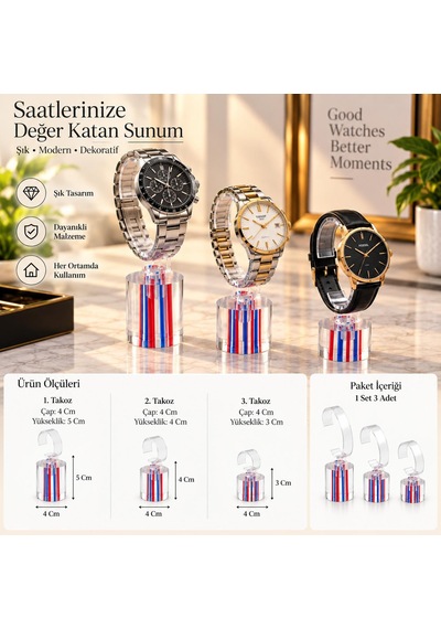 Saat Standı 3'lü Set Lazer Model Oval Mavi & Kırmızı Pleksi Kırmızı - Mavi