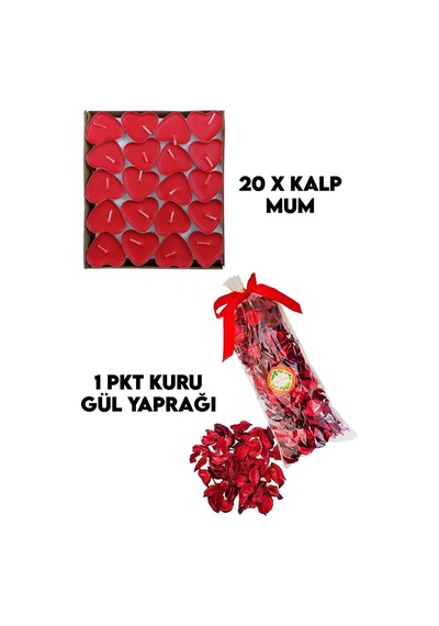 20 Kalpli Tealight Mum + 300 Kuru Gül Yaprağı Romantik Süs Kırmızı