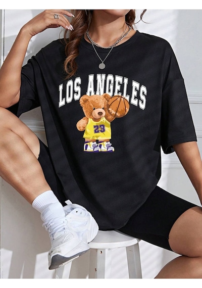 Los Angeles 23 Bear T-shirt - Siyah Baskılı Oversize Bisiklet Yaka Kısa Kol Tişört Siyah
