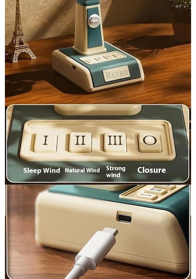 Exenar - Bej - Şarjlı Masaüstü Mini Vantilatör Fan Retro Tasarım Vintage Mini Üfleme Şarjlı 1800mah Batarya 3 Mod