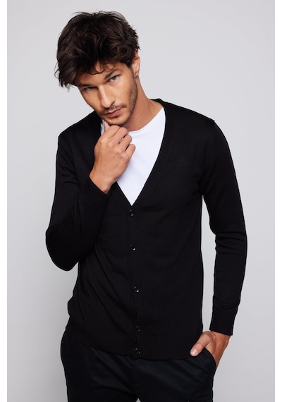 Tudors Erkek Slim Fit Dar Kesim Düğmeli Düz Tüylenmeyen Yumuşak Dokulu Siyah Hırka-28772-siyah Siyah