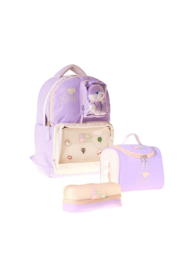 Calacilo K-pop Lilac Peluş Ayı Aksesuarlı Lila Kız Çocuk Üçlü İlkokul Okul Çantası Seti - Setcc-c4104a