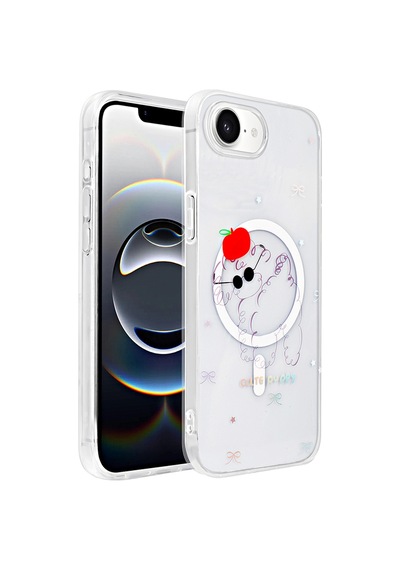 Thegencoo Apple Uyumlu iPhone 16e Kılıf M-safe Şarj Özellikli Şeffaf Zore Folk Sert Kapak - Sevimli Köpek Beyaz