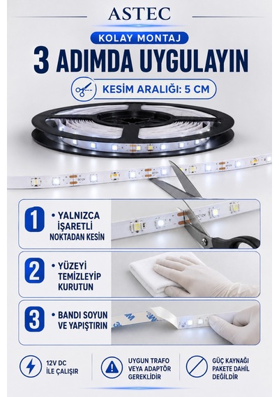 Astec 12v Şerit Led 5 Metre / 10 Metre Yapışkanlı Kesilebilir İç Mekân Aydınlatma Trafo Hariç Bütün Renkler 33848977