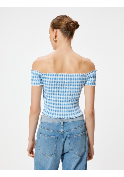 Koton Omzu Açık Tişört Gipeli Kısa Kollu Slim Fit Mavi Ekose 4sak50689ek Mavi