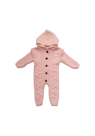 Babysena Kapüşonlu Örgü Kız Bebek Tulum Pembe