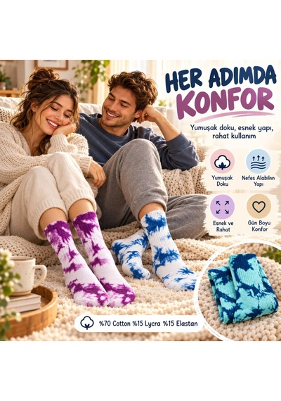 Bezos Unisex Batik Desenli Çorap 3'lü Set Pamuklu Renkli Uzun Soket Dikişsiz Nefes Alan Spor Çorabı Günlük Erdotıca Çok  Renkli