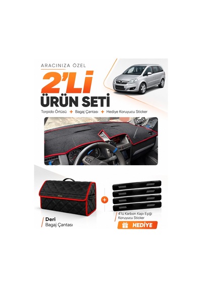 Opel Zafira B 2004-2011 Uyumlu Torpido Örtüsü + Deri Bagaj Çantası + Sticker Seti - Siyah Kırmızı