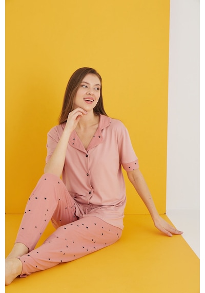 Street Beauty 7053-34 Bamboo Pudra Siyah Yıldız Düğmeli Kısa Kol Pijama Takım Pembe