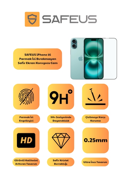 Safeus Tam Kaplayan Parmak İzi Bırakmayan Safir Ekran Koruyucu Cam , Apple Uyumlu iPhone 16 İle