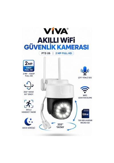 iCam365 VV-26 WiFi Akıllı Güvenlik Kamerası 2MP 1080P Full HD – 355° Döner, Hareket Takibi, Gece Görüşü, Çift Yönlü Ses