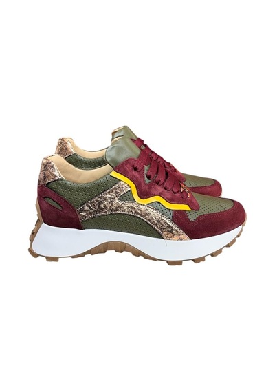 Yeşil Hakiki Deri Bordo Garnili Comfort Taban Bağcıklı Sneaker Yeşil