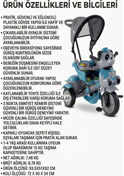 Babyhope Little Panda Ebeveyn Kontrollü Tenteli Müzikli 3 Teker Petrol Mavisi Çocuk Bisikleti