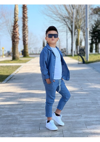 Modavals Kol Katlamalı Keten Gömlek & Beli Lastikli Keten Pantolon & Pamuklu Tshırt & Zincir Aksesuar 4lü Keten Erkek Çocuk Takım Mavi Modavals Kol Katlamalı Keten Gömlek & Beli Lastikli Keten Pantolon & Pamuklu Tshırt & Zincir Aksesuar 4lü Keten Erkek Çocuk Takım Mavi