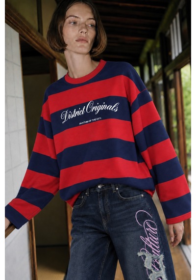 Mixray 2260 Kadın Retro Çizgili District Originals Baskı Sweatshirt Lacivert