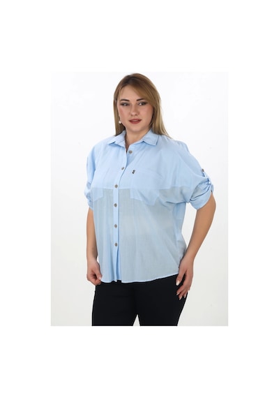 Lady Majestic %100 Cotton Yazlık Organik Büyük Beden Kadın Gömlek Mavi