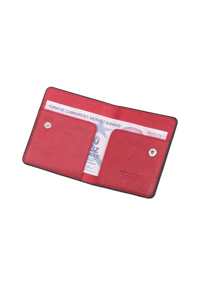 Ancora Leather Hakiki Deri Para Bölmeli Çıtçıtlı Portföy-unisex-26210 Siyah - Kırmızı