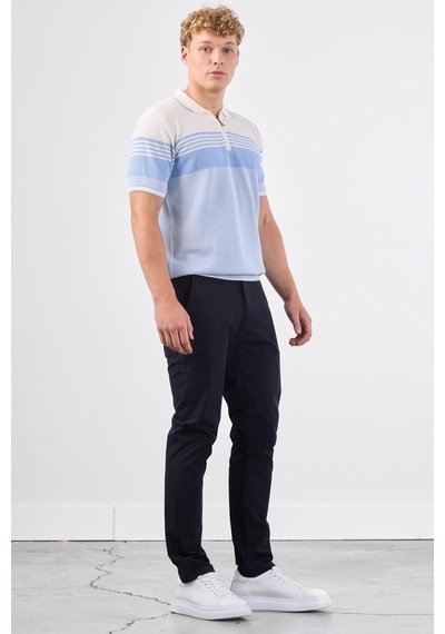 Dufy Mavi Çizgili Yatay Desen Erkek Triko - Slim Fit Mavi