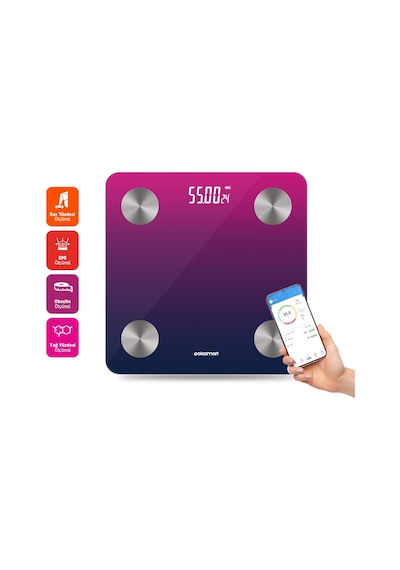 Polosmart Psc104 Pilli Bluetooth Vücut Analizli Yağ Kas Su Ölçer Hassas Akıllı Tartı Baskül Mor