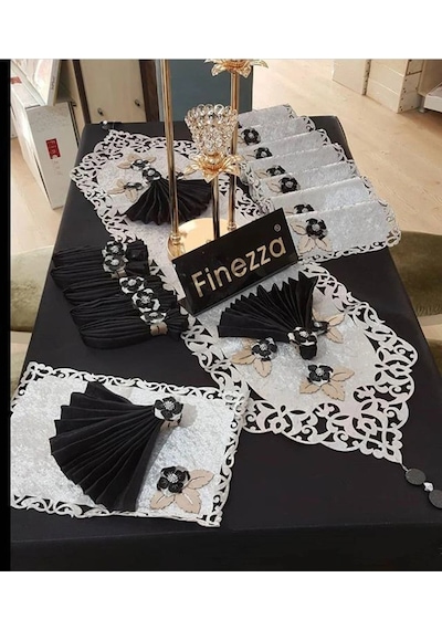 Afife Kadife Gümüş Siyah Sofra Takımı 8 Kişilik 160x230 Cm 34 Parça - 50 Çok Renkli